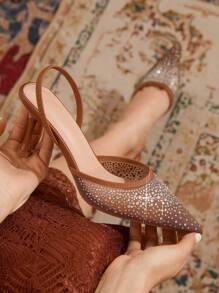 CUCCOO TILAWA Women's Pointed Toe Mesh & Rhinestone Single Strap Flats, Casual Everyday Wear Spring Shoes Spring Break Easter Prom Heels For Christmas - Brown - View 4