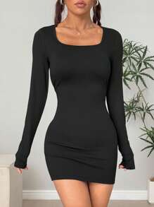 Lunelith SHEIN Lunessa Vestido informal de manga larga, ajustado, cuello cuadrado y unicolor, minimalista y de moda para uso diario para mujer