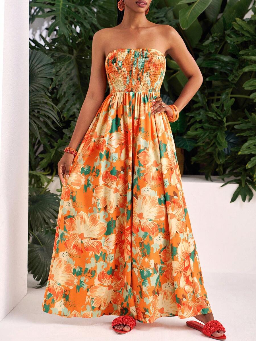 Slaydiva Bộ đồ liền thân ống rộng không dây họa tiết hoa du lịch biển thường ngày xuân/hè 2025 dành cho nữ - Nhiều màu - Xem 1