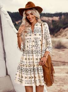 LanaWest Summer Women Bohemian Casual Geometric Print Ruffle V-Neck Short Dress