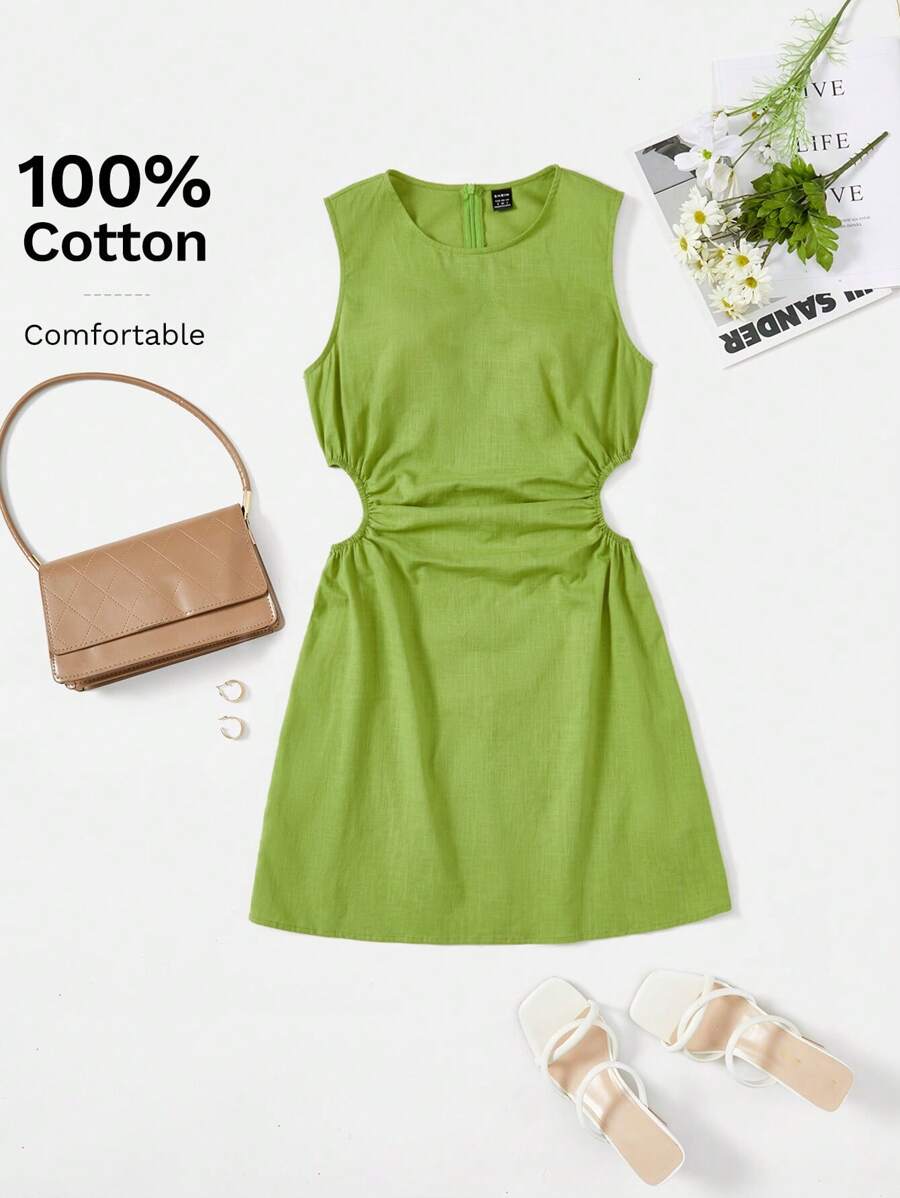 SHEIN EZwear 鏤空側收褶連衣裙 - 青檸色 - 查看 1