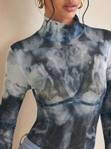 LUSINE BONFIELD 设计师黑白透明印花网眼长拇指袖高领女式休闲上衣 - 黑與白 - 查看 2