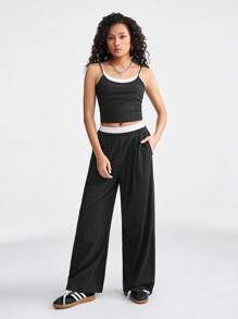 SHEIN 2pcs/Set Teen Girls Summer Casual Sporty Contrast Color Cropped Camisole And Wide Leg Pants - Black and White - View 6