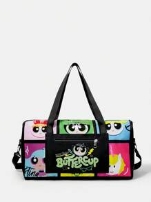 THE POWERPUFF GIRLS X SHEIN 女士时尚卡通花朵、泡泡、金凤花图案手提包 - 黑色 - 查看 2
