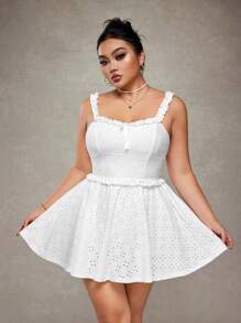 SHEIN ICON Conjunto de 2 piezas para tallas grandes: Camisola con cuello cuadrado y volantes en el bajo y falda evasé, atuendo para invitada a una boda, vacaciones de primavera y salida nocturna - Blanco - Ver 6