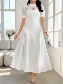 Modelyn Vestido de manga larga de alto nivel con cuello alto, plisado y encaje de contraste para mujer, color blanco