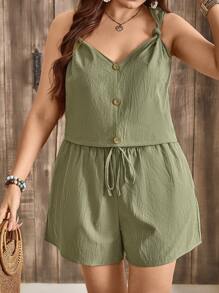 SHEIN LUNE Plus Size Women Jednorzędowy Top Bez Rękawów I Szorty Casualowy Garnitur Damski