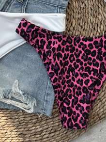 SHEIN Swim Women 2pcs Springbreak Beachwear Summer Plain & Leopard Print Swimwear Leopard Bikini Bottoms - Multicolor - View 3