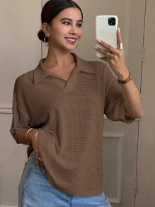Livesso Women Basic Polo Collar Solid Color Drop Shoulder Sleeve Loose Textured T-Shirt - Rust Brown - View 4