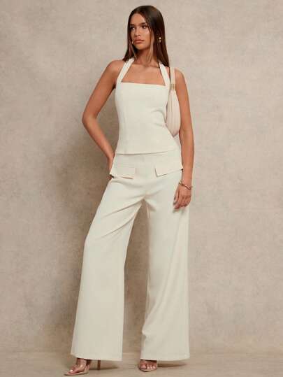 Glamine 杏色挂脖系带裹身上衣和直筒裤两件套，简约修身性感休闲女装，早春新款纯色百搭时尚女装两件套女装套装裤子套装女装两件套