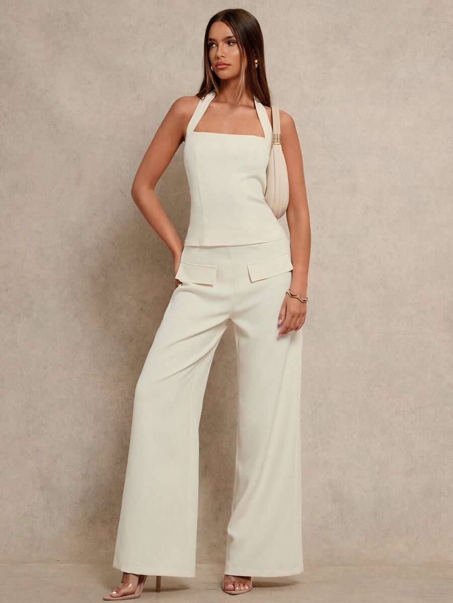 Glamine Apricot Halter Tie Wrap Top & Straight-Leg Pants 2 Pieces Set, Simple Fitted Sexy Casual Women's Outfit, Early Spring New Arrival Solid Color Versatile Fashion Women 2 Pieces Outfits Women Sets Outfit Pants Sets For Women Women 2 Pieces Outfits