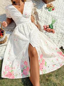 Flirla Đầm dài thường ngày in hoa cổ chữ V tay ngắn cỡ lớn - trắng - Xem 4