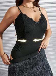 SHEIN LUNE Plus Size Elegant Solid Color Lace Patchwork Ruched Bodysuit,Black Summer Formal Evening Night Out Club Outfits For Women Beach Vacation Rave Festival - Black - View 1