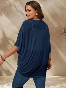 EMERY ROSE Plus Size Vacation Solid Color Asymmetric Hem Batwing Sleeve Casual Jacket,Spring/Summer,Fall Women Clothes Winter Autumn - Navy Blue - View 2