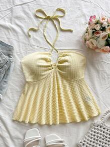 Soleia Atuendo informal de invitado de boda en la playa, brunch de graduación, Día de San Patricio, vacaciones de primavera, Pascua, festival de música, elegante estilo boho tropical chic. Nueva parte superior tipo camiseta de punto texturizada con tirantes de espagueti y nudo delantero en marfil y amarillo.