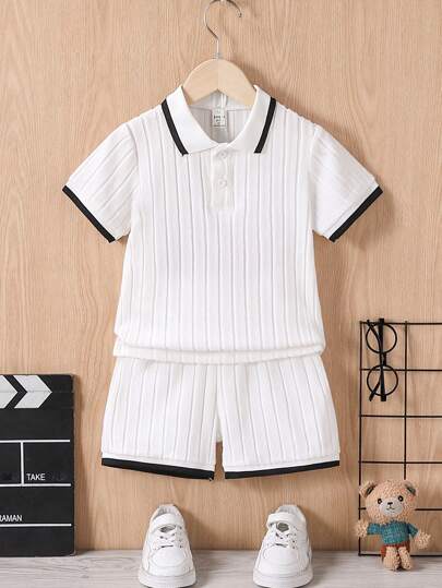 SHEIN 2pcs Young Boy Contrast Color Polo Collar Short Sleeve Top And Shorts Casual Suit, School, Campus, College