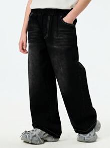 SHEIN Explorewe Tween 男童黑色口袋宽腿宽松洗水牛仔裤，适合日常穿着、派对、滑板、音乐节