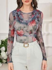 Modelyn Women's Mesh Print Loose Crew Neck Long Sleeve Casual Fitted T-Shirt - Multicolor - View 7