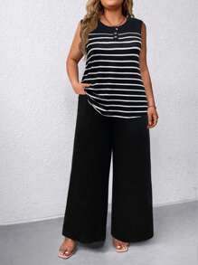 SHEIN LUNE Plus Size Women's Casual Simple Striped Camisole 2pcs Set - Black and White - View 3