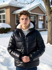 Teen Boys Black Shiny Hooded  Coat, Versatile Daily Wear - Black - View 1