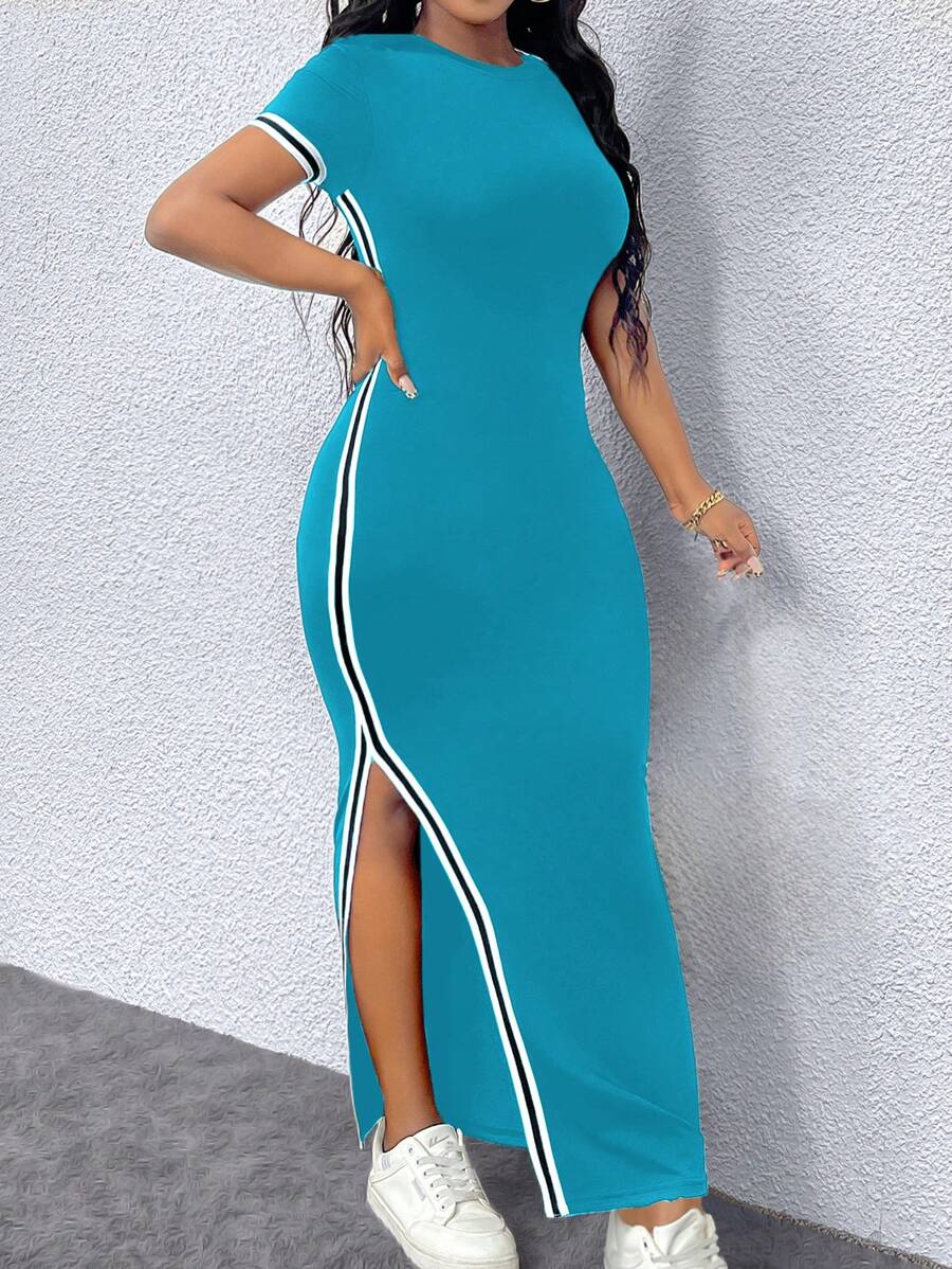 SHEIN LUNE Women's Slim Fit Round-Neck Color Block Trim Split Dress For Spring And Summer Maxi Women Outfit - Blue - View 1