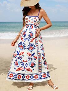 SHEIN 孕妇优雅而优雅的细肩带露背 Selenipedium & Azalea 花卉印花夏季吊带连衣裙 - 彩色 - 查看 7