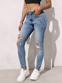 SHEIN EZwear Damen Distressed Pocket Skinny Lässig Vielseitige Jeans - Mittele Waschung - Übersicht 6