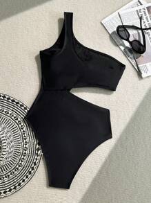 Swim Chiccia 1 件女式性感休闲优雅复古纯色单肩镂空露背金属 U 形环装饰连体泳衣，春假 - 黑色 - 查看 6