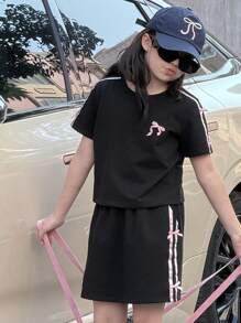 DAZY 2pcs Tween Girls Bow Decor Round Neck Short Sleeve T-Shirt And Shorts Casual Set - Blue - View 3