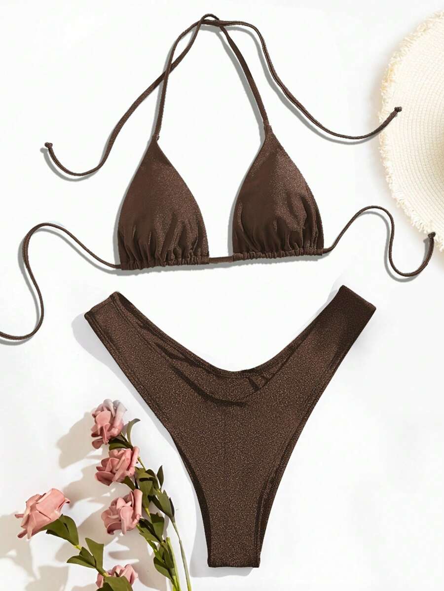 SHEIN Swim 闪亮比基尼泳装套装，适合海滩度假 - 棕色 - 查看 1