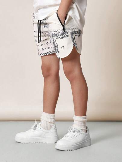 SUMWON Youth Performance Bandana Print Training Shorts, Athletic Running Basketball Sports Short With Zip Pockets, Summer Active Wear