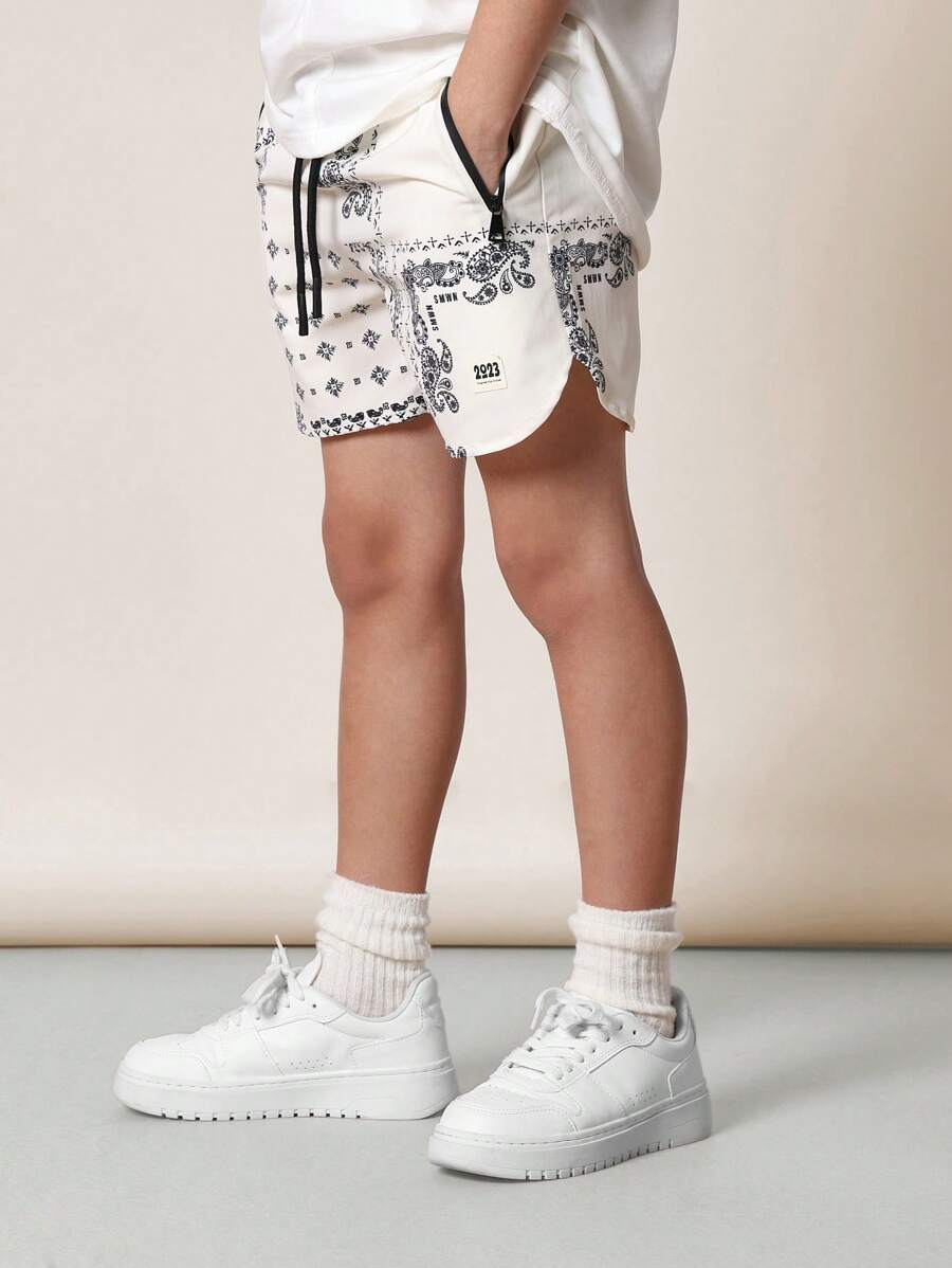 SUMWON 青少年高性能 Bandana 印花训练短裤，运动跑步篮球运动短裤，带拉链口袋，夏季运动服 - 彩色 - 查看 1