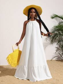 Slaydiva Summer Casual Vacation Sleeveless Ruffle Hem A-Line Long Dress For Women - White - View 5