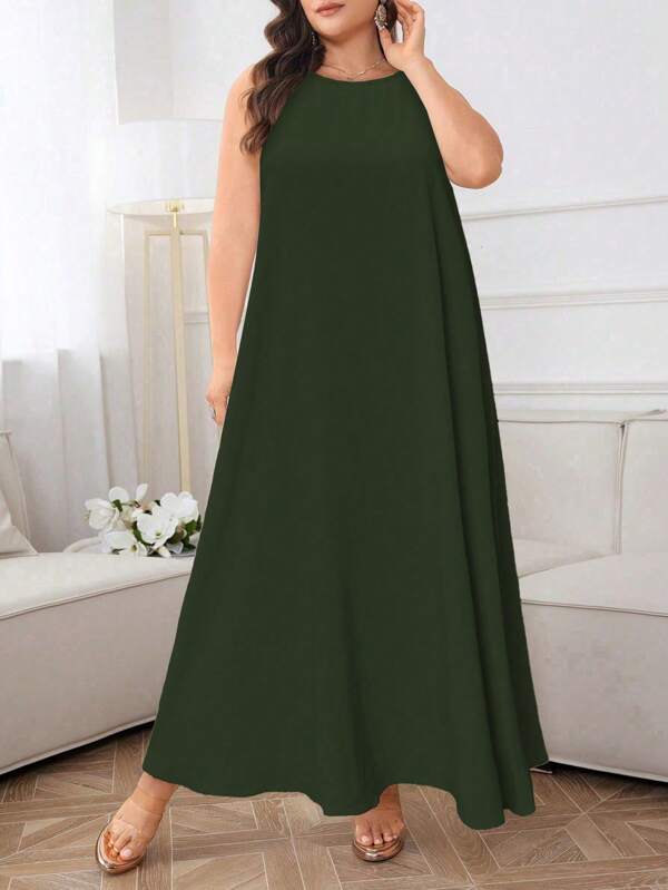 Al Najma Plus Size Solid Color Sleeveless Maxi Arabic Style Dress