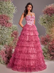 Glamrae Elegant And Gorgeous Pink Digital Printing Handmade Sequin Embroidery Tube Top With Chest Cup Multi-Layer Cake Skirt Suitable For Cocktail Parties, Graduation Ceremonies, Wedding Ceremonies, Bachelorette Parties, Women's Formal Evening Dresses (Heavy Models) - Multicolor - View 6