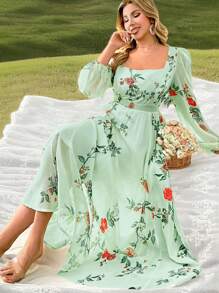 SHEIN Clasi Plus Size Elegant Rose Print Chiffon Waist Pleated Lantern Sleeve Dress, Suitable For Spring And Autumn,Valentine - Green - View 3