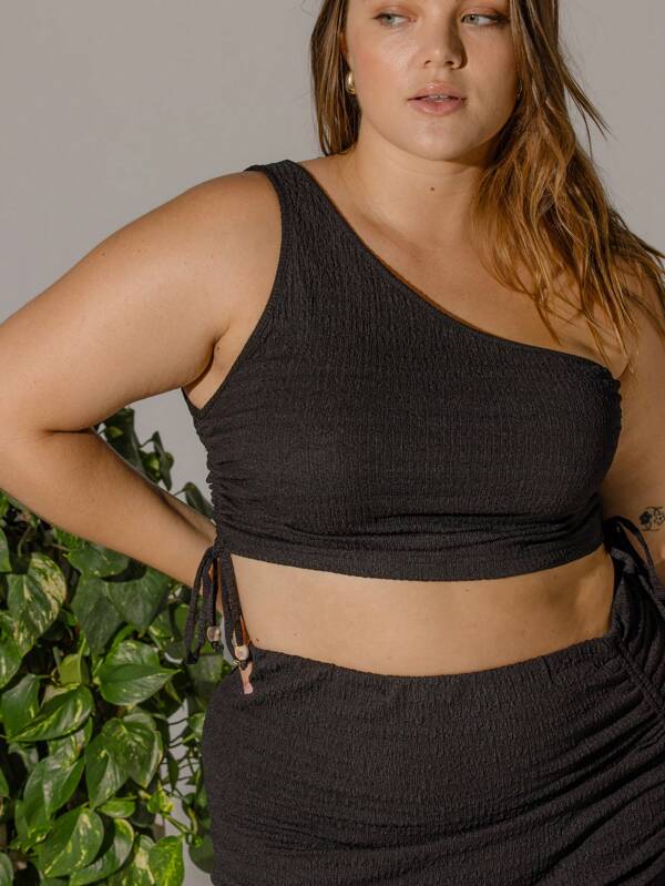Aralina Curve Black One Shoulder Side Ruched Drawstring Going Out Beach Vacation Top