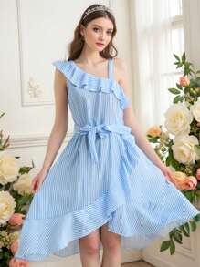 SHEIN Teens (Girls) Sleeveless Striped Front Tie Casual Simple Dress - Blue - View 1