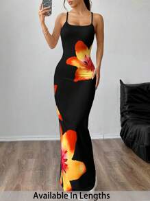 SHEIN Tall CURVE Plus Size Women Floral Print Long Slim Fit Cami Dress