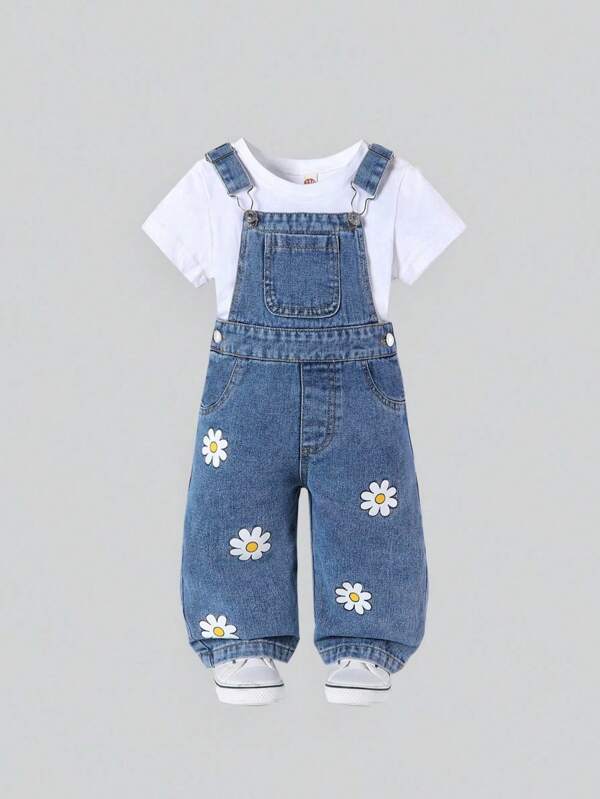 SHEIN New Baby Girls' Casual All-Match Cute Daisy Print Washed Denim Overalls, Versatile Spring/Summer 2025 Arrival, All Season Suitable For Daily Wear