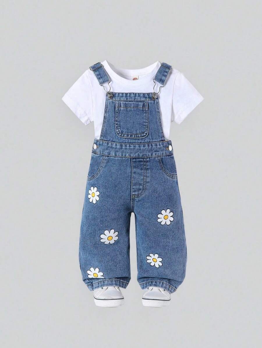 SHEIN Nuevos petos vaqueros con estampado de margaritas para niñas pequeñas, casuales y combinables, versátiles para primavera/verano 2025, adecuados para uso diario en todas las estaciones - Lavado ligero - Ver 1