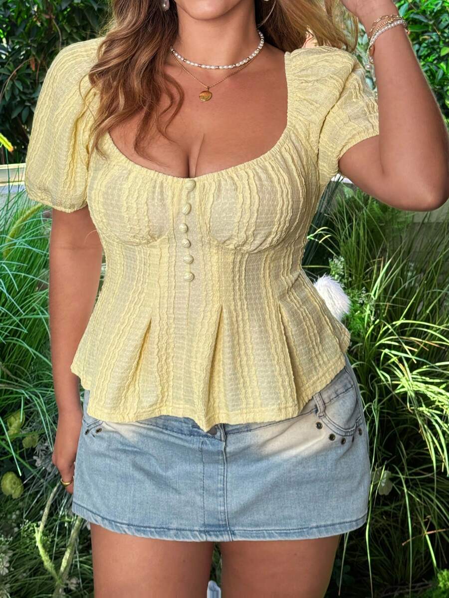 Sunnyshic Plus Size Women's Solid Color Button Design Short Sleeve Textured T-Shirt