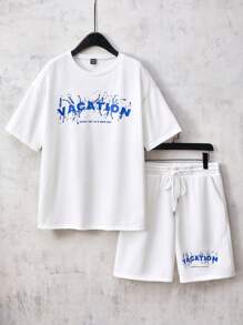 Set Kaos Streetwear Musim Panas Putih Pria, Kaos Lengan Pendek Leher Bulat & Celana Pendek Olahraga Longgar dengan Tali Serut, Grafis Tinta Bercipratan, Kasual untuk Liburan - MultiWarna - View 3