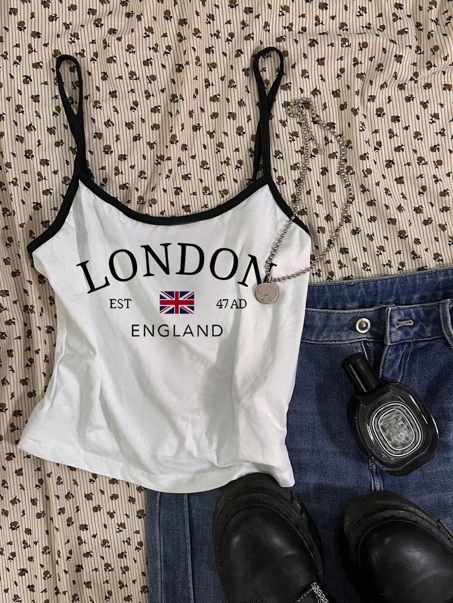 Attitoon Women Casual Sexy Camisole Skinny Black And White Splice London Print Tank Top Back To School - White - View 1