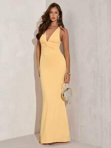 SHEIN BAE Women's Elegant Party Solid Color Twist Back Halter Fishtail Dress