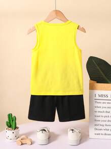 SHEIN 2pcs Young Boy Casual All-Match Soft Knit Sleeveless Graphic Vest Top And Shorts Set, Versatile Cartoon Sunglasses Print, Comfortable For Daily Wear, Outdoor, School, Spring/Summer, Suitable For 4-7 Years Old