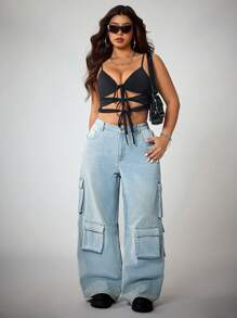 SHEIN ICON 大码女式浅蓝色多口袋装饰牛仔裤，适合所有季节 - 淺色水洗藍 - 查看 1