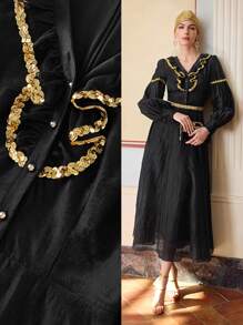 ZEYLAH WOMEN'S SEQUIN TRIM RUFFLE V NECK MAXI DRESS, FIT AND FLARE DRESS, LONG AND Lantern SLEEVES, SEMI-SHEER TEXTURED FABRIC - Black - View 2