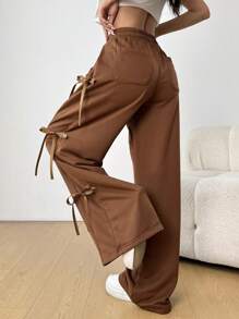 SHEIN EZwear 甜美可爱的粉色蝴蝶结抽绳运动裤，春夏 - 鏽棕色 - 查看 2