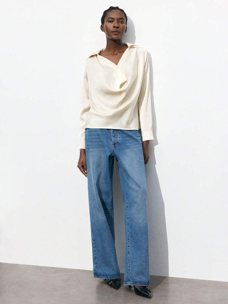 SHEIN Maija Damska bluzka z długim rękawem, jesienno-zimowa, satynowa, z kołnierzykiem ze sznurka, zapinana na guziki, elegancka i uniwersalna, letnia, damska bluzka na wyjście. Damska bluzka na lato